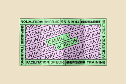 Camilla Gordon 4-fold leaflet with logo in centre, and a border containing the words: Group Coaching, Training, Facilitation and Consulting